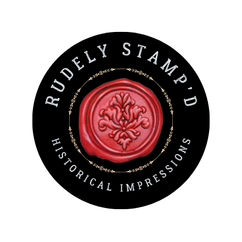 The Rudely Stamp'd logo - a circle with a background and a red wax stamp in the center. Text reads: Rudely Stamp'd Historical Impressions.